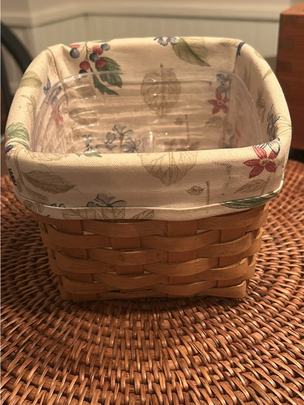 Longaberger Natural Woven Basket with Floral Cream Liner 5 in by 6 in wide